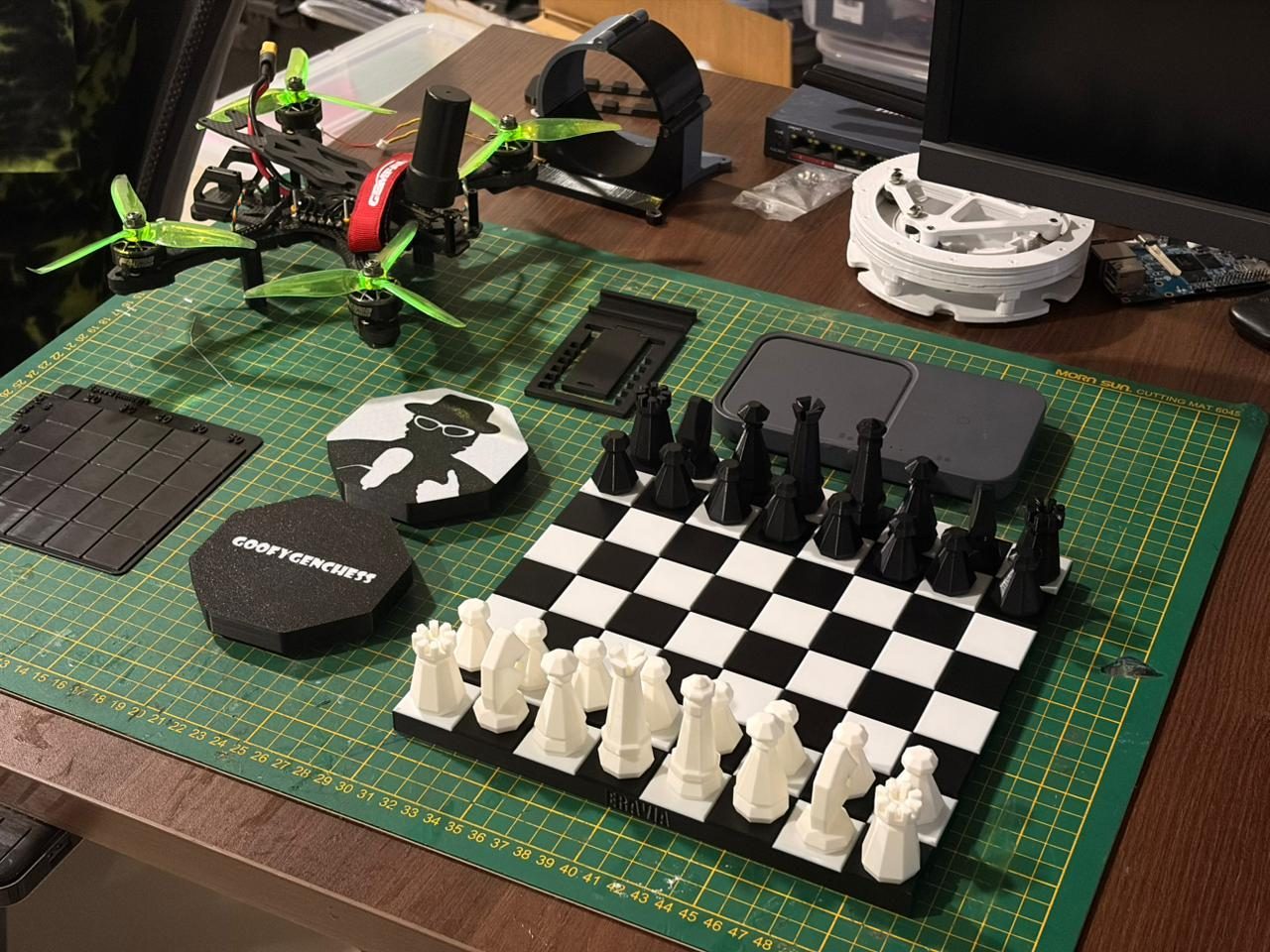 GoofyGenChess — full 3D printed chess set on cutting mat